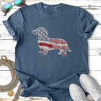 Dachshund graphic tee with American flag and gingham pattern.
