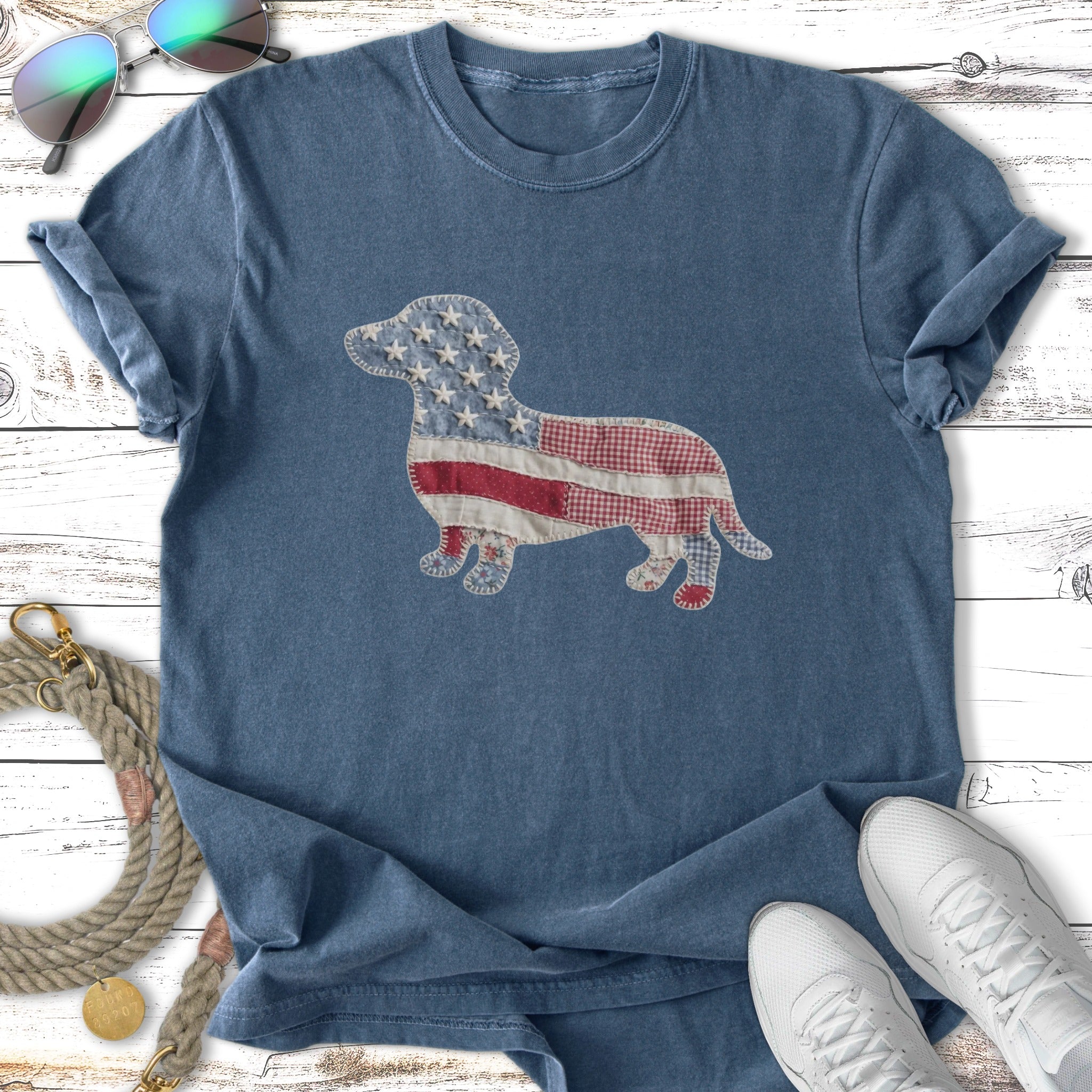 Dachshund graphic tee with American flag and gingham pattern.