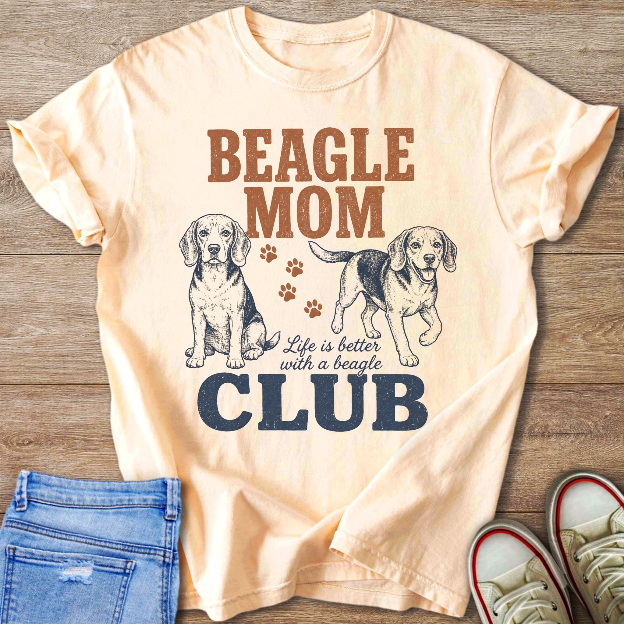 Beagle Mom Club with graphic beagles and paw prints.