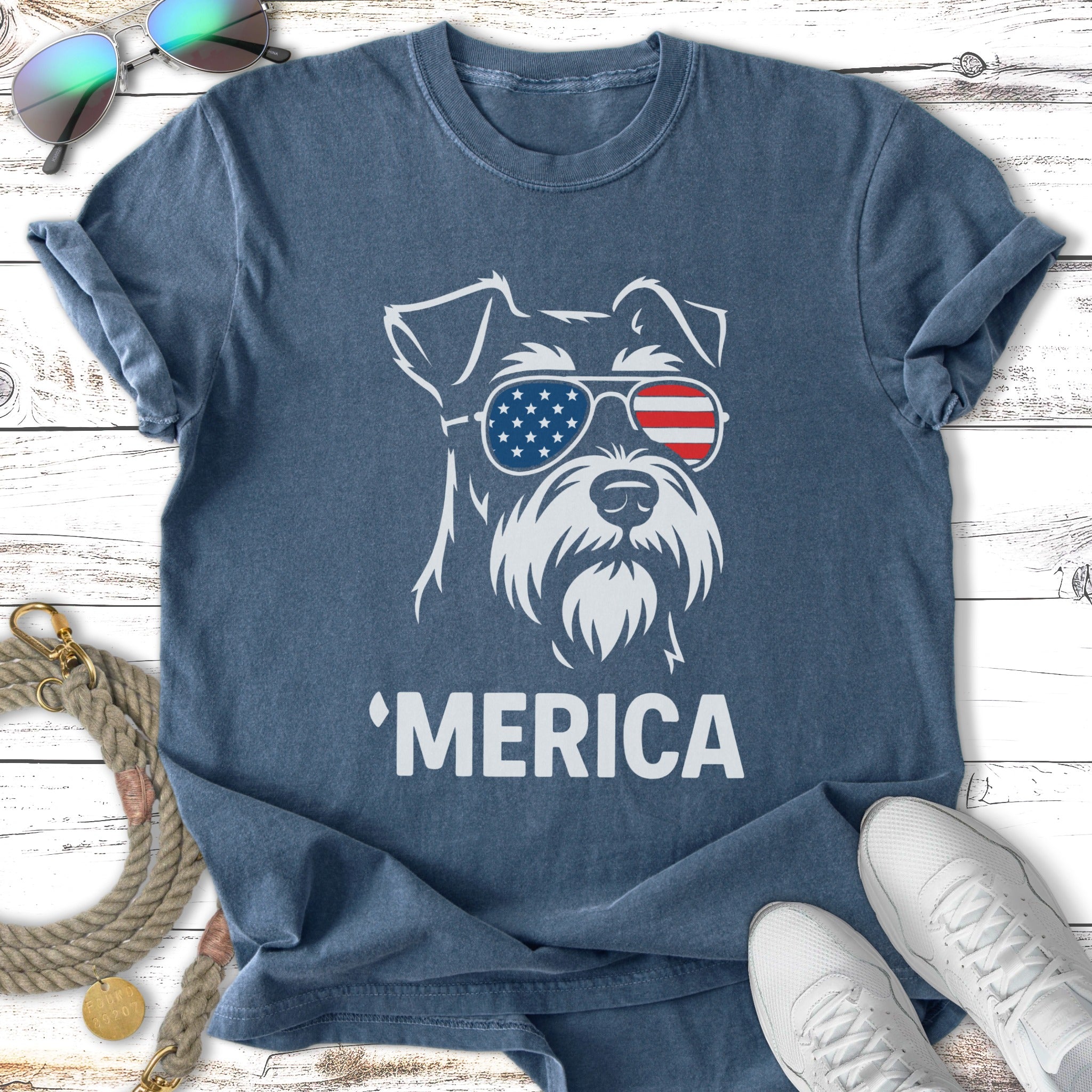 Schnauzer wearing sunglasses with American flag design and "MERICA" text.