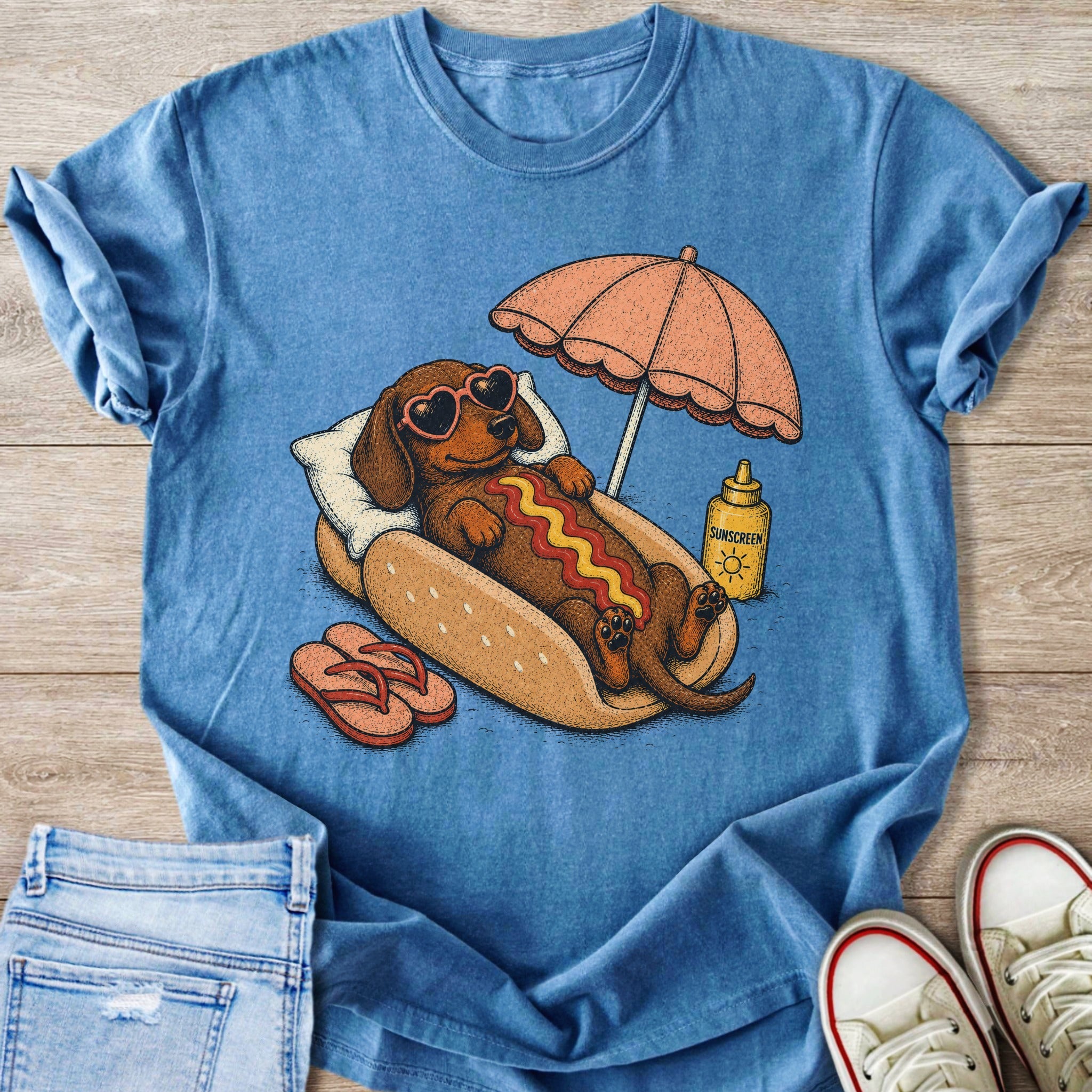 Dachshund wearing heart sunglasses relaxes in a hot dog bun with sunscreen and umbrella.