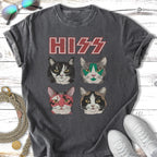 Vintage HISS band logo with four cat faces: black and white, green, pink, and striped.