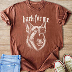 Brown t-shirt with distressed graphic of a German Shepherd and text "bark for me".
