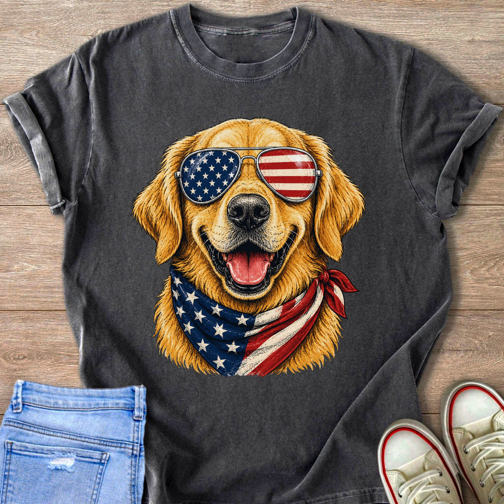 Golden retriever wearing sunglasses and bandana with American flag design