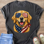 Golden retriever wearing sunglasses and bandana with American flag design