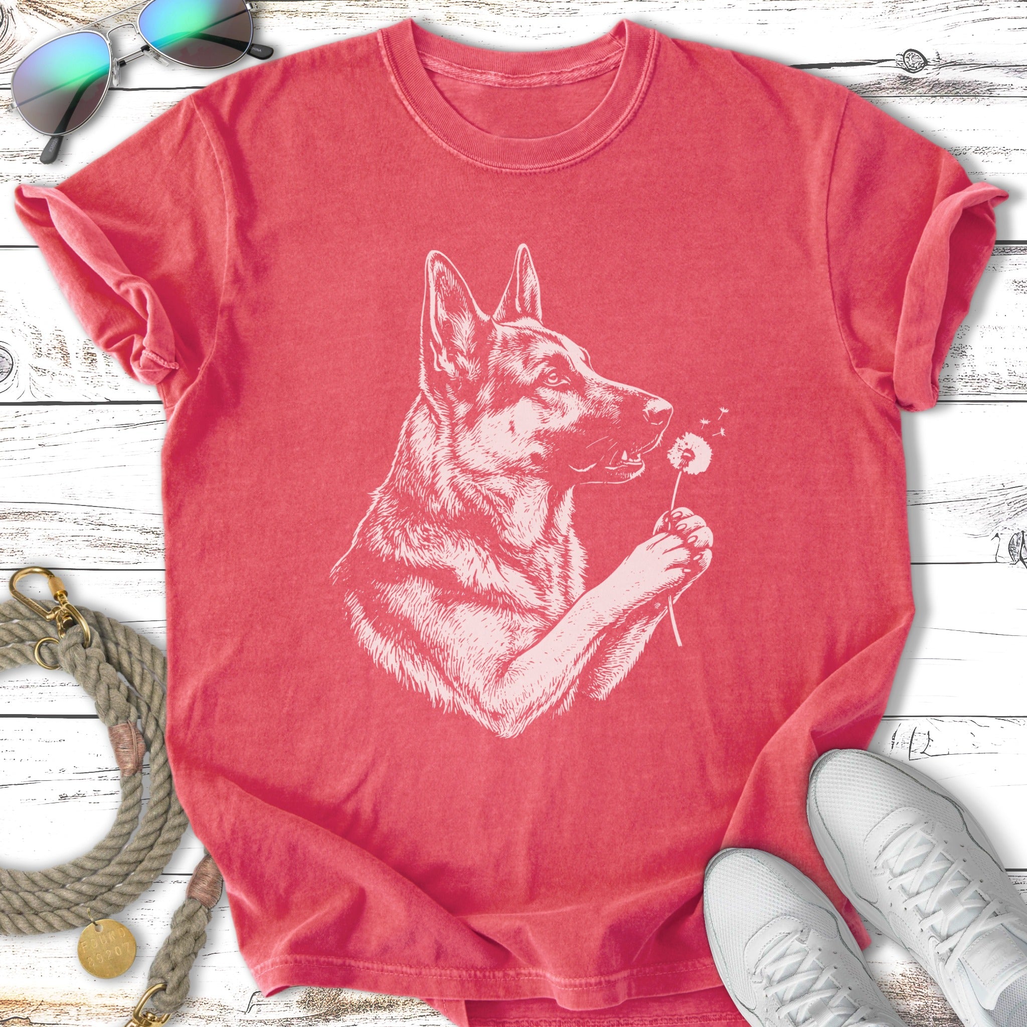 Red t-shirt with white sketch of German Shepherd smelling a dandelion.
