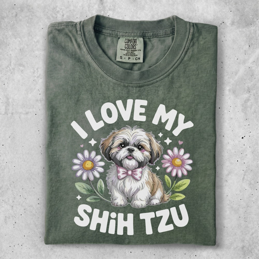 Shih Tzu dog with bow and flowers, "I love my Shih Tzu" text.