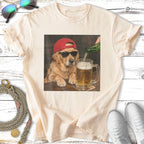 Golden retriever wearing sunglasses and a red cap drinks beer.