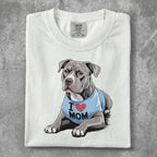 White t-shirt with "I ❤️ MOM" printed on a gray pit bull dog wearing a blue shirt.