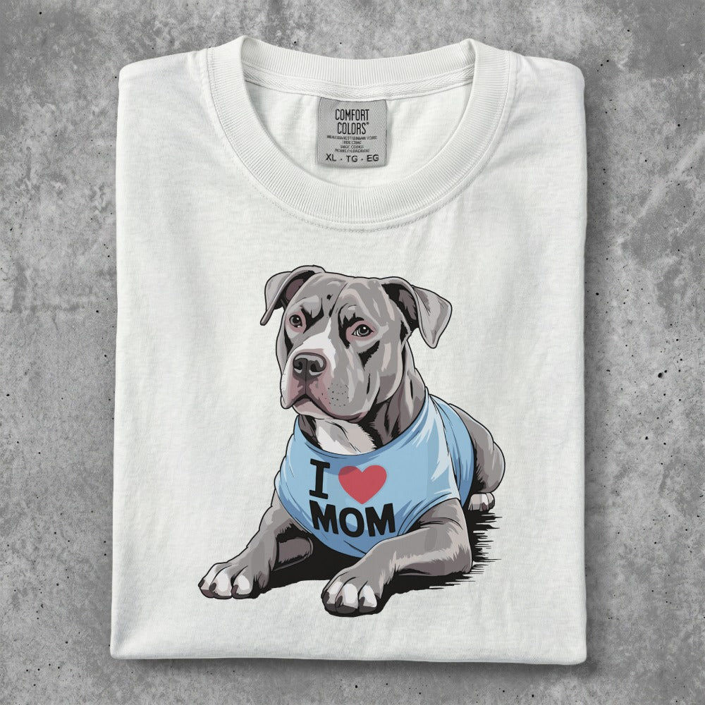 White t-shirt with "I ❤️ MOM" printed on a gray pit bull dog wearing a blue shirt.