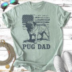 Pug dad graphic on a light green t-shirt with American flag design.