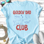 Light blue t-shirt with "Golden Dad Club" and golden retriever graphics.