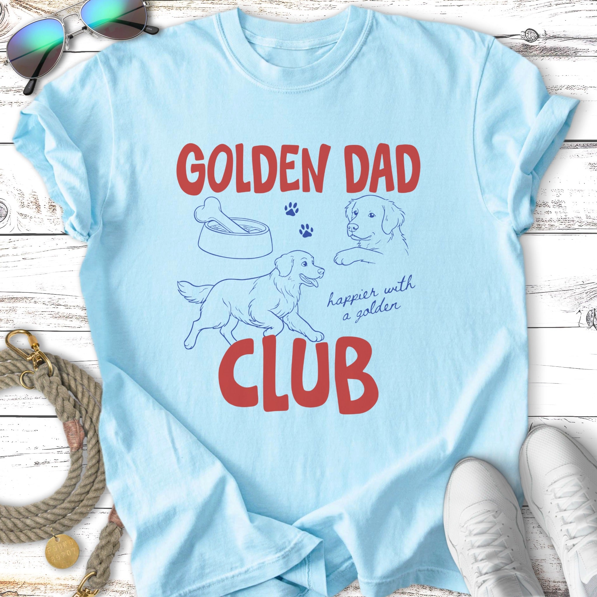 Light blue t-shirt with "Golden Dad Club" and golden retriever graphics.