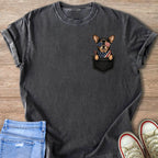 Charcoal t-shirt with a graphic of a chihuahua in a pocket wearing patriotic sunglasses and bandana.