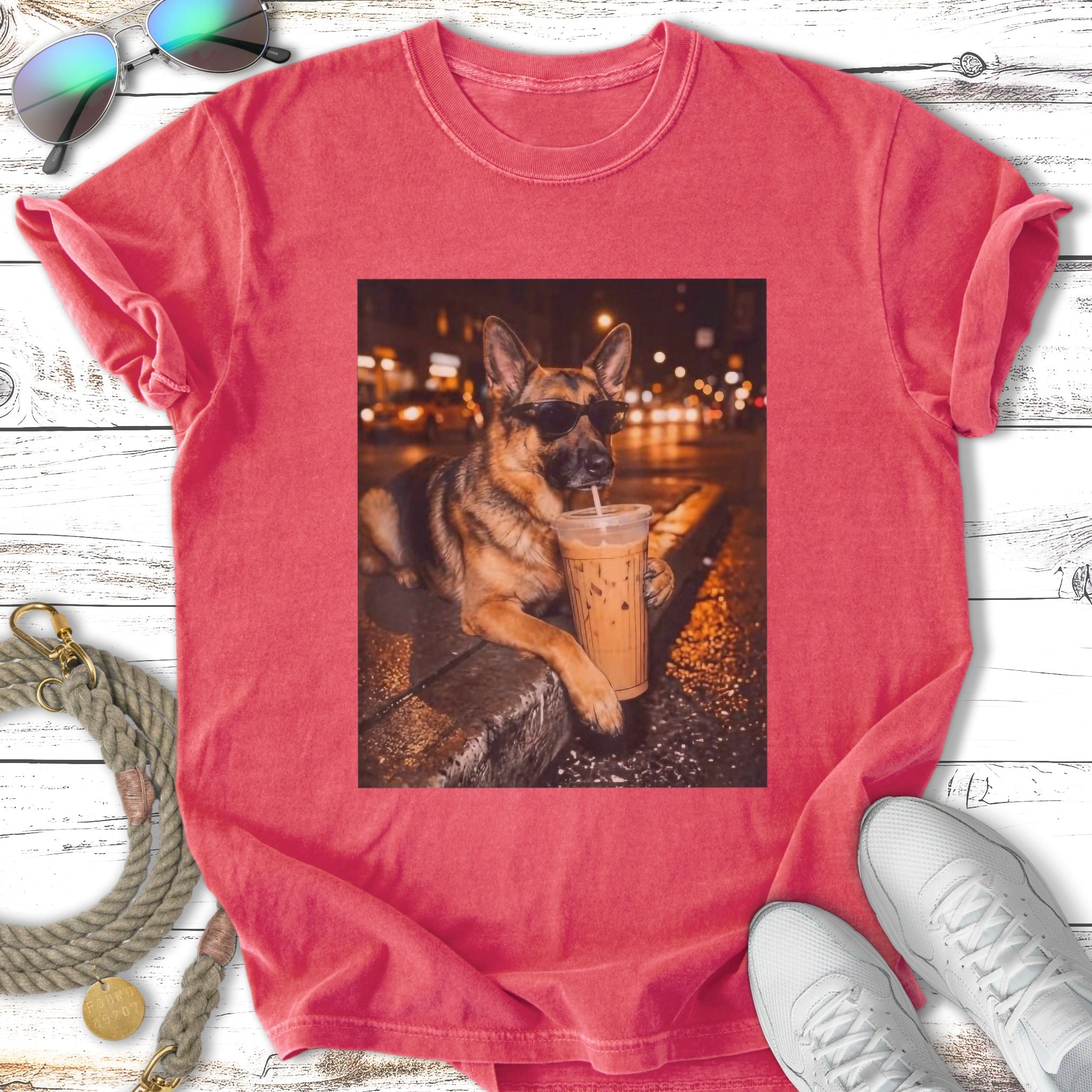 German Shepherd wearing sunglasses sips iced coffee at night.