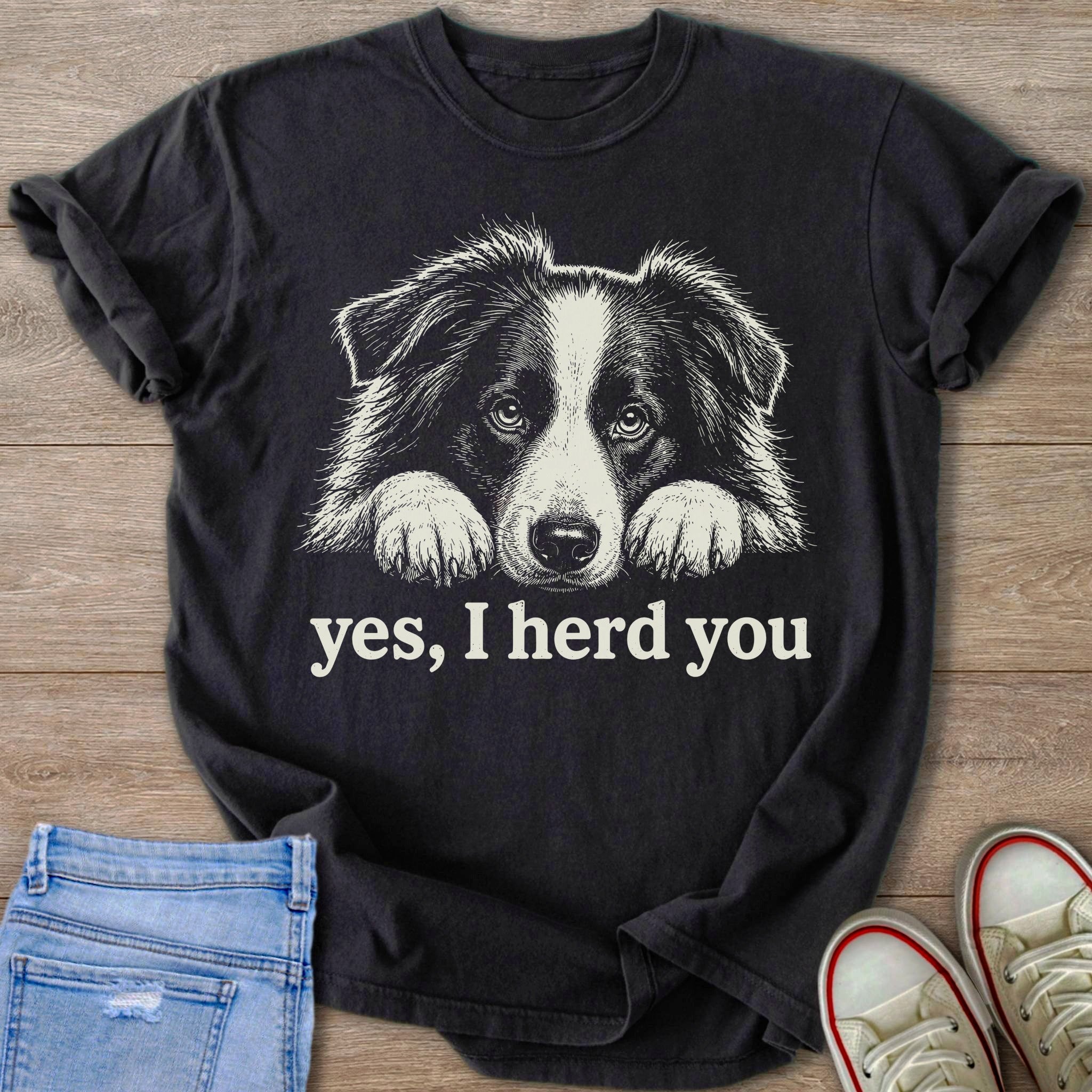 Black t-shirt with Border Collie graphic and text "yes, I herd you".
