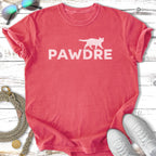 Coral t-shirt with white "PAWDRE" text and cat silhouette.