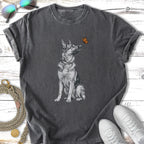 German Shepherd looking at a butterfly, on a charcoal t-shirt.