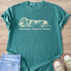 Teal t-shirt with a sketch of a dachshund and text "emotional support wiener".
