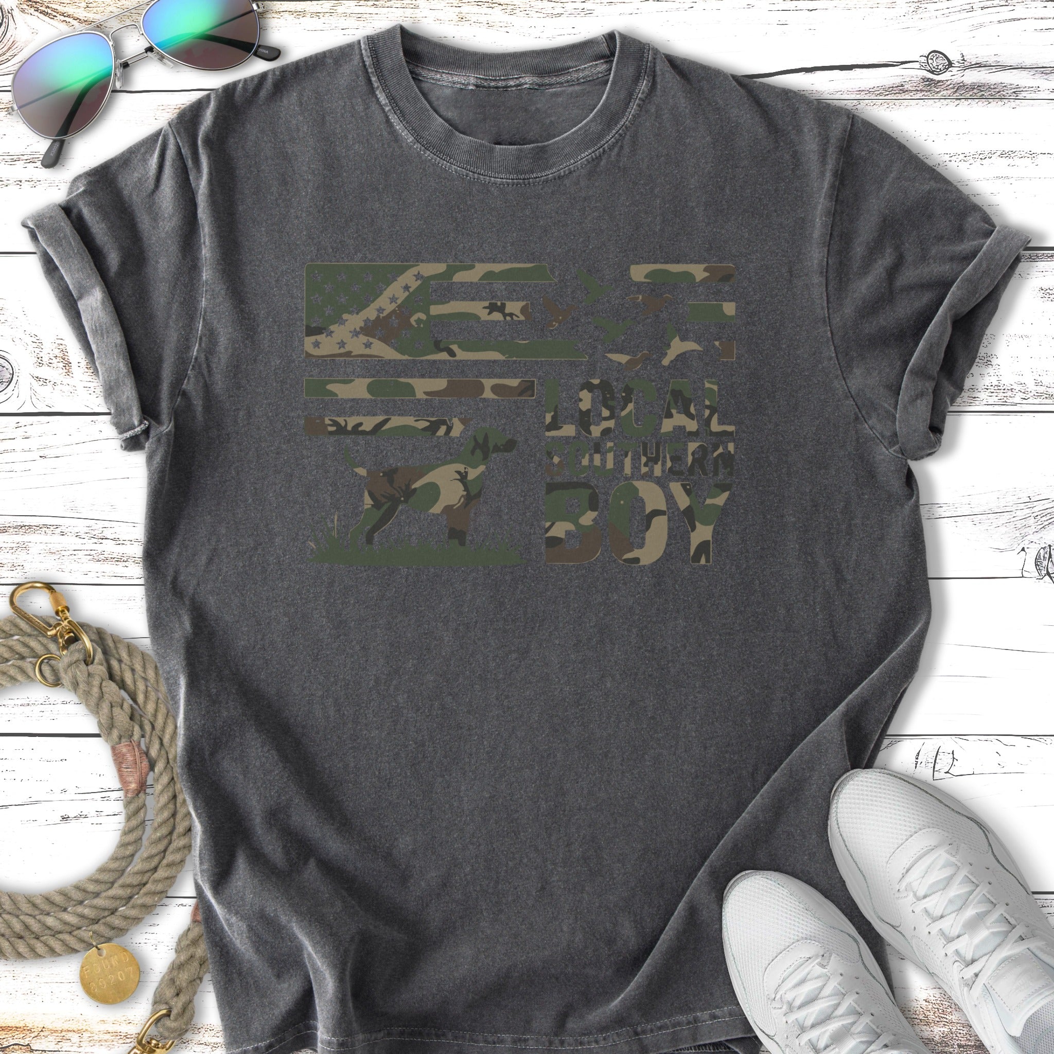 T-shirt with camouflage American flag and dog, text reads "Freedom Isn't Free".