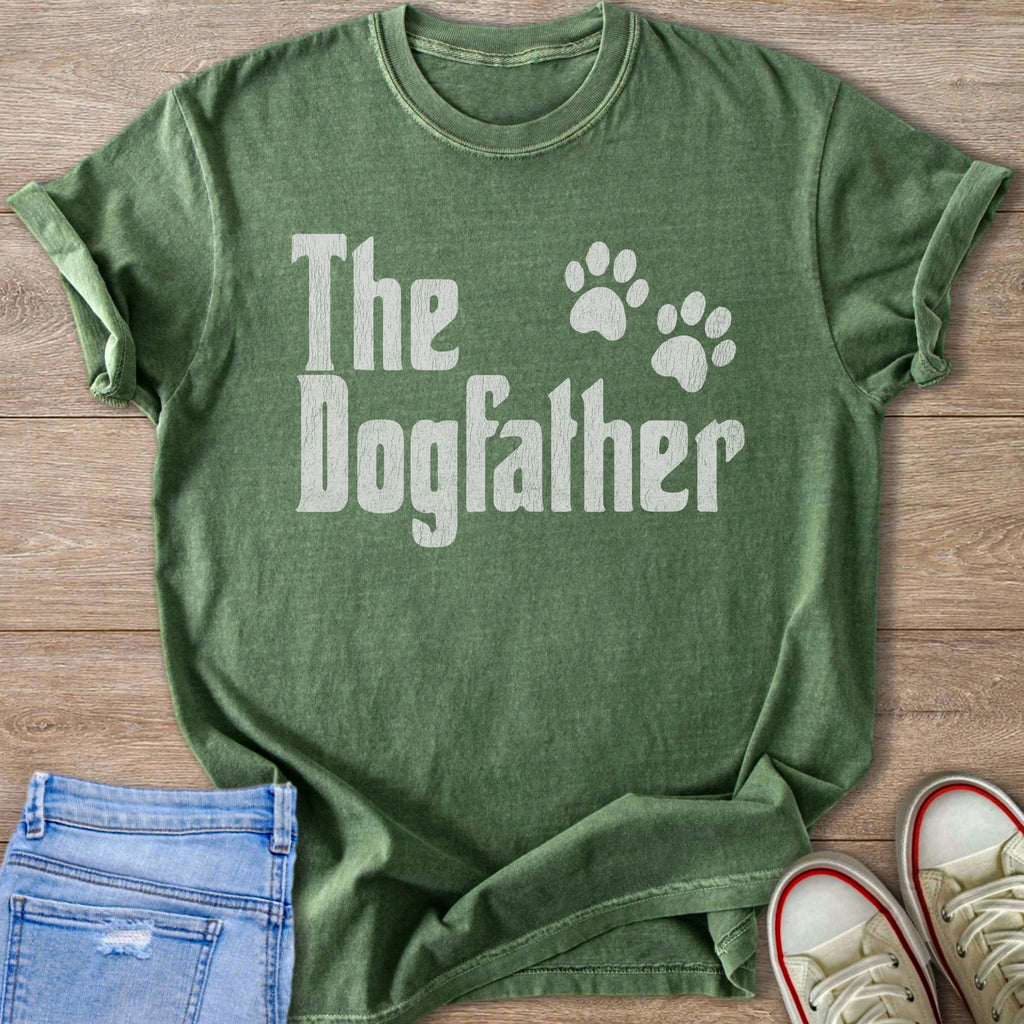 Green t-shirt with "The Dogfather" text and paw prints.