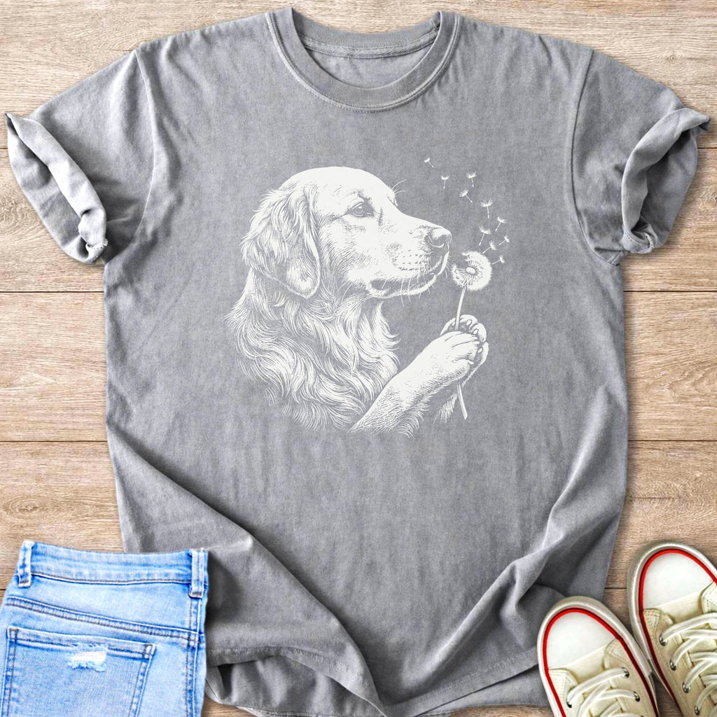 Gray t-shirt with white graphic of golden retriever blowing on a dandelion.