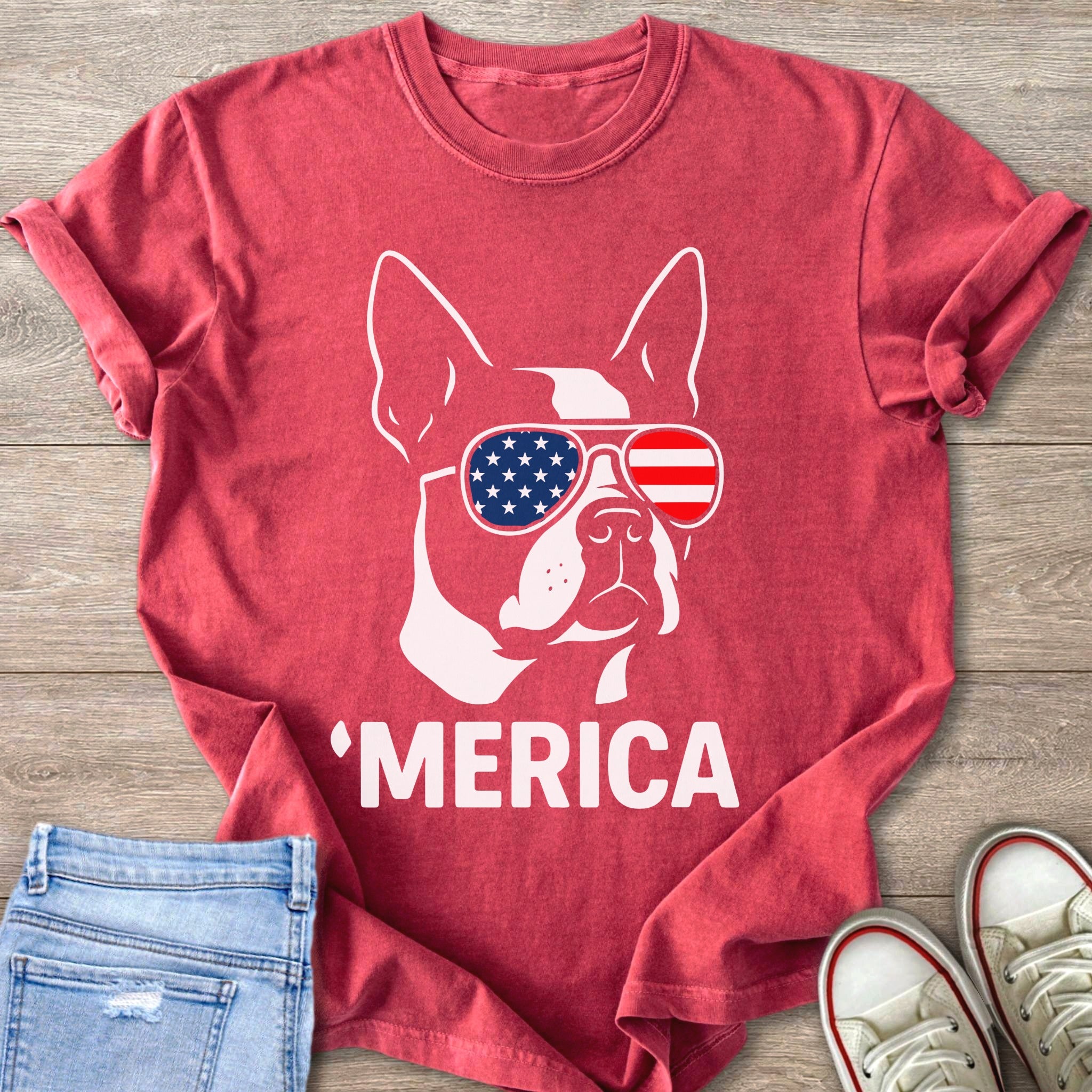 Red t-shirt with white French bulldog wearing American flag sunglasses, text 'MERICA.