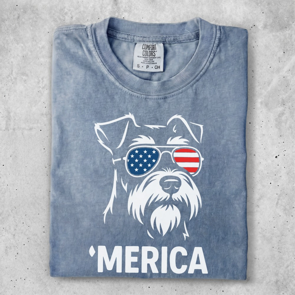 T-shirt with a schnauzer wearing sunglasses and 'Merica text.