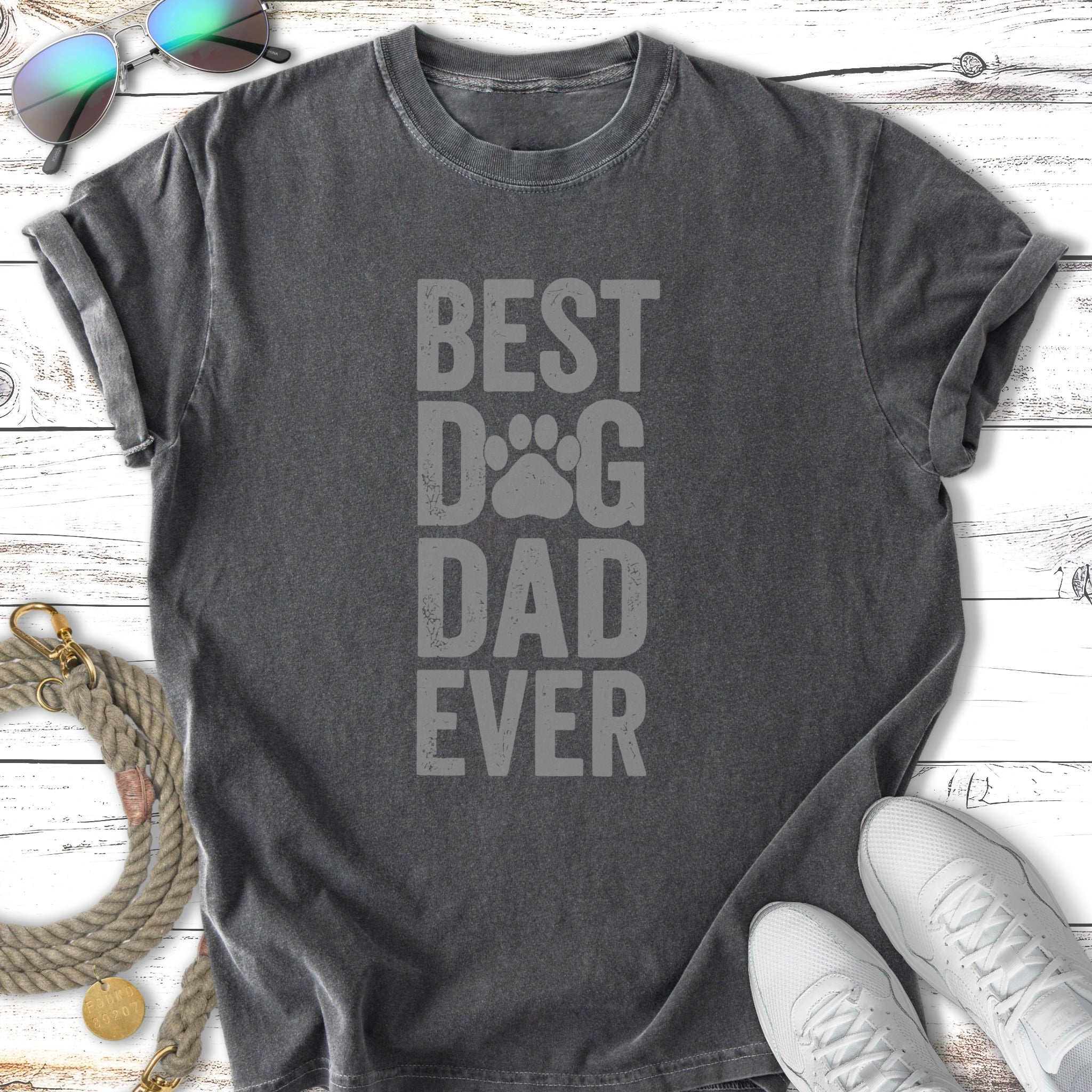 Gray t-shirt with "BEST DOG DAD EVER" text and paw print graphic.