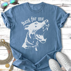 Blue t-shirt with white graphic of a snarling dog and "Bark for me" text.