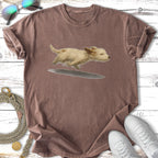T-shirt with a cartoon drawing of a running tan puppy.