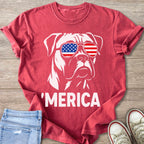 Red t-shirt with white graphic of a dog wearing patriotic sunglasses and text 'MERICA.