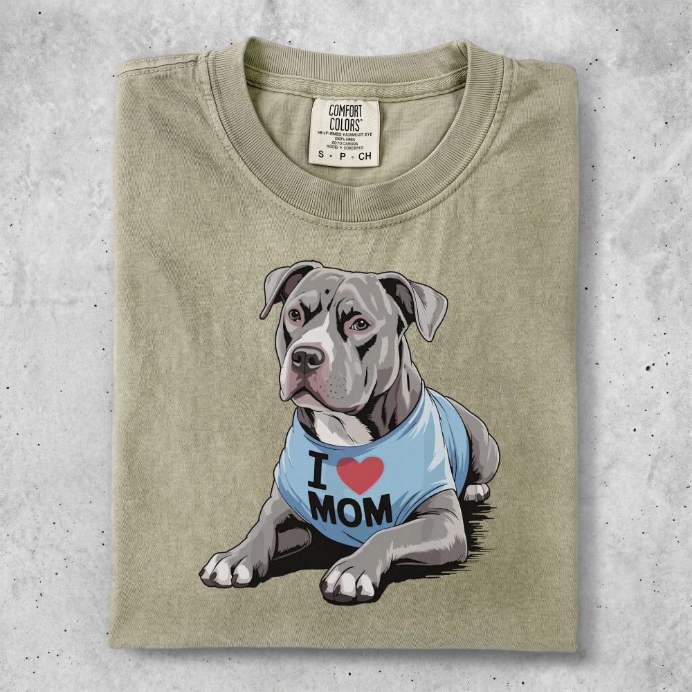 Gray Pitbull wearing a blue "I ❤️ MOM" shirt.