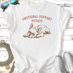 White t-shirt with French bulldog graphic and "Emotional Support Potato" text.