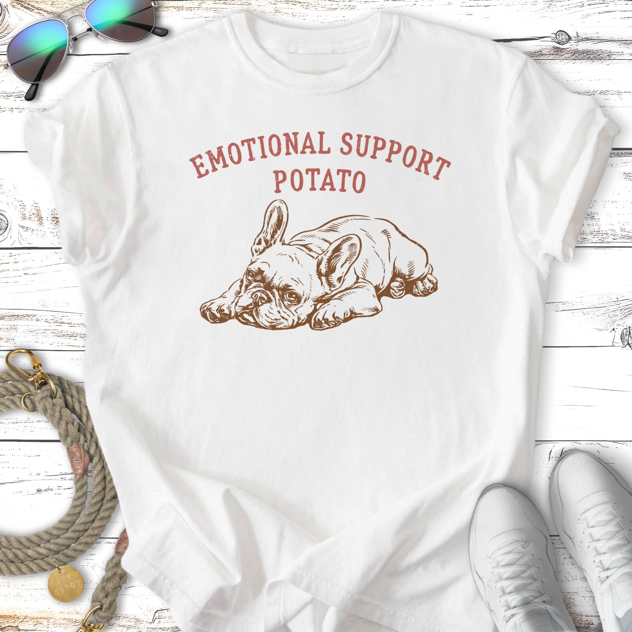 White t-shirt with French bulldog graphic and "Emotional Support Potato" text.