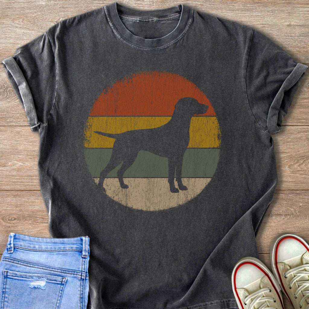 Dark grey t-shirt with a black dog silhouette on a retro sunset circle.