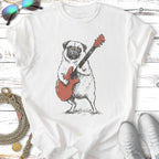 T-shirt graphic of a pug playing a red electric guitar.