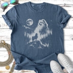 Dark blue t-shirt with a distressed graphic of a Pomeranian silhouette against a forest and moon.