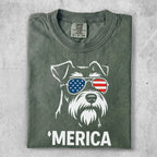Green t-shirt with a schnauzer wearing American flag sunglasses and "MERICA".