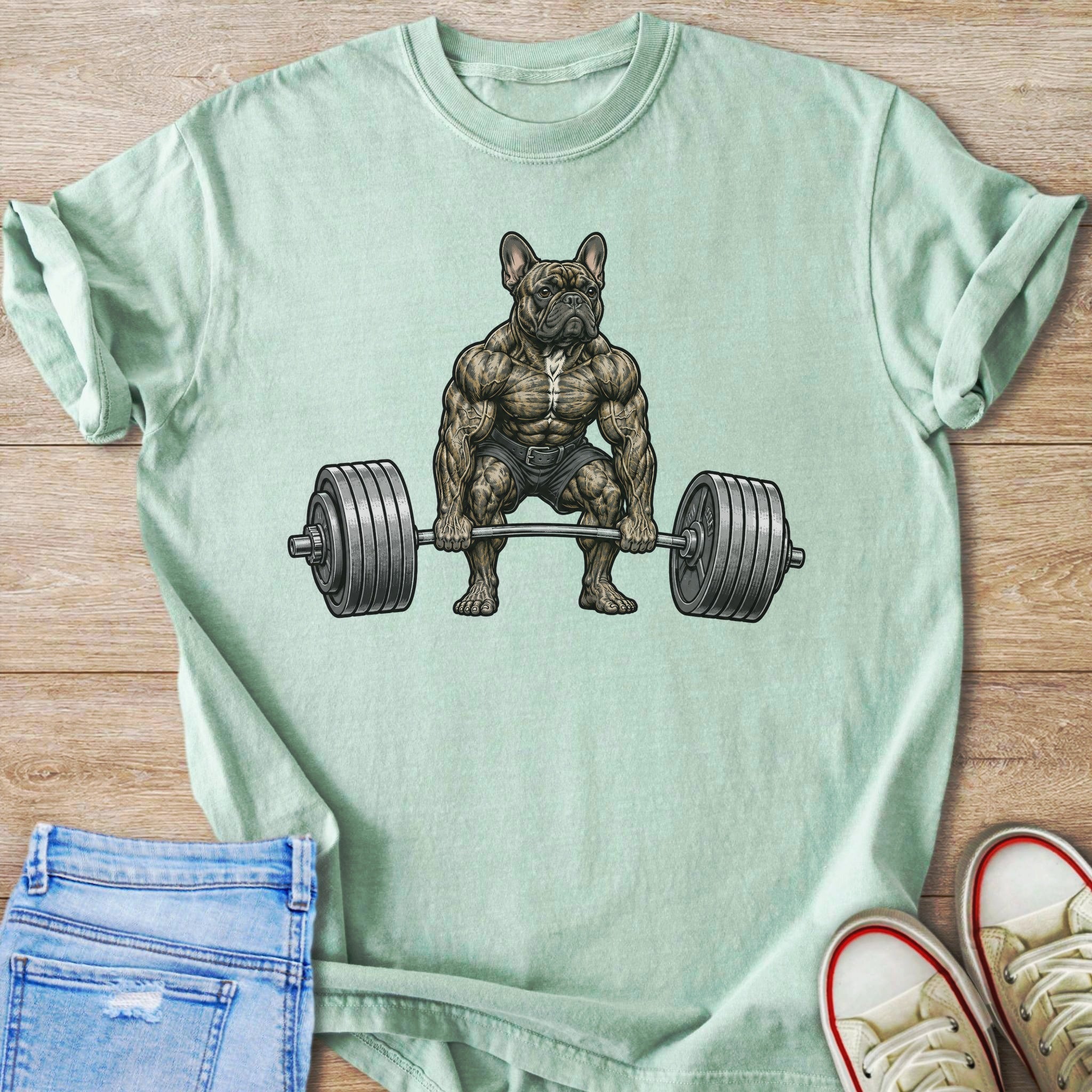 Buff French bulldog lifting heavy barbell weight on mint green t-shirt.