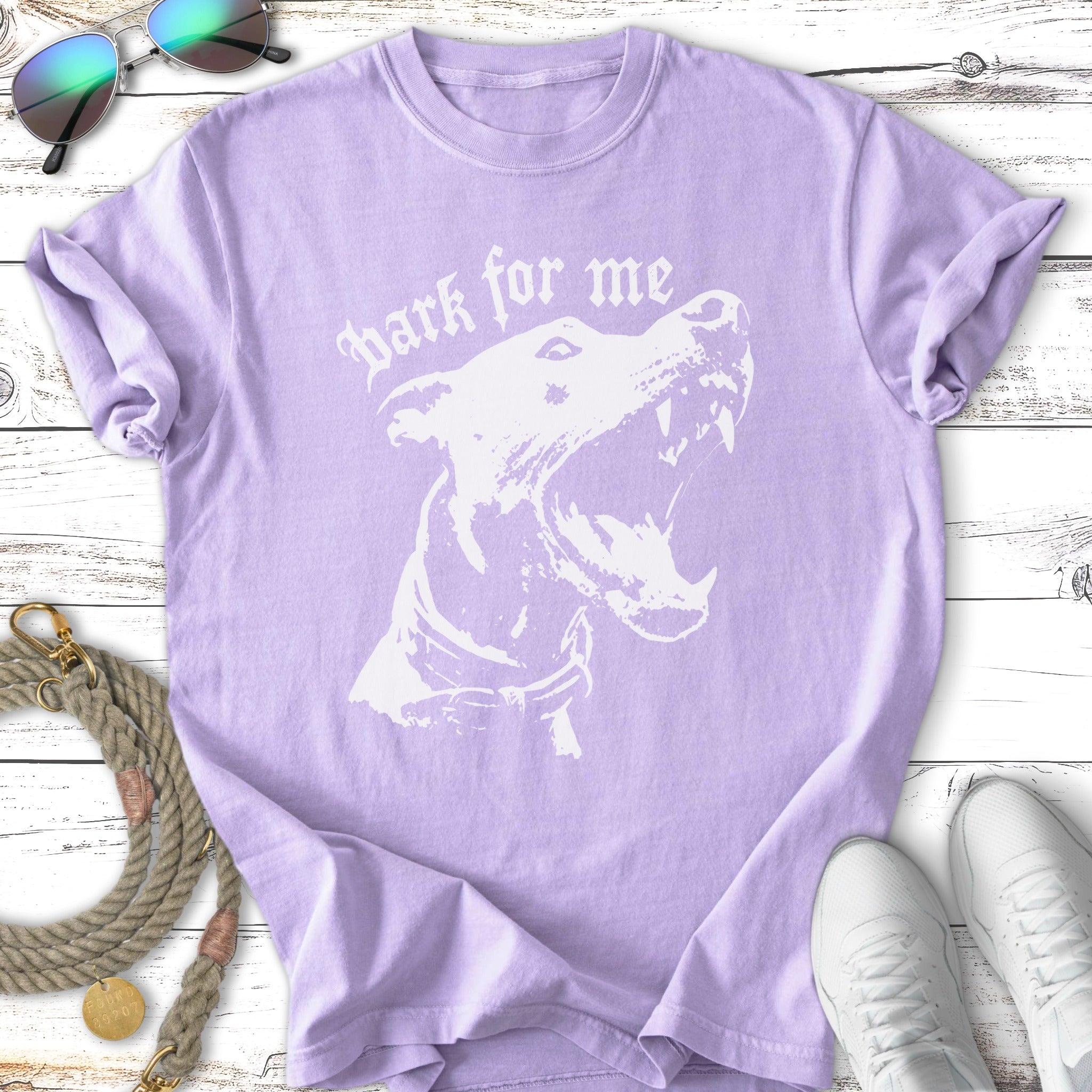 Lavender t-shirt with "bark for me" text and a dog graphic.