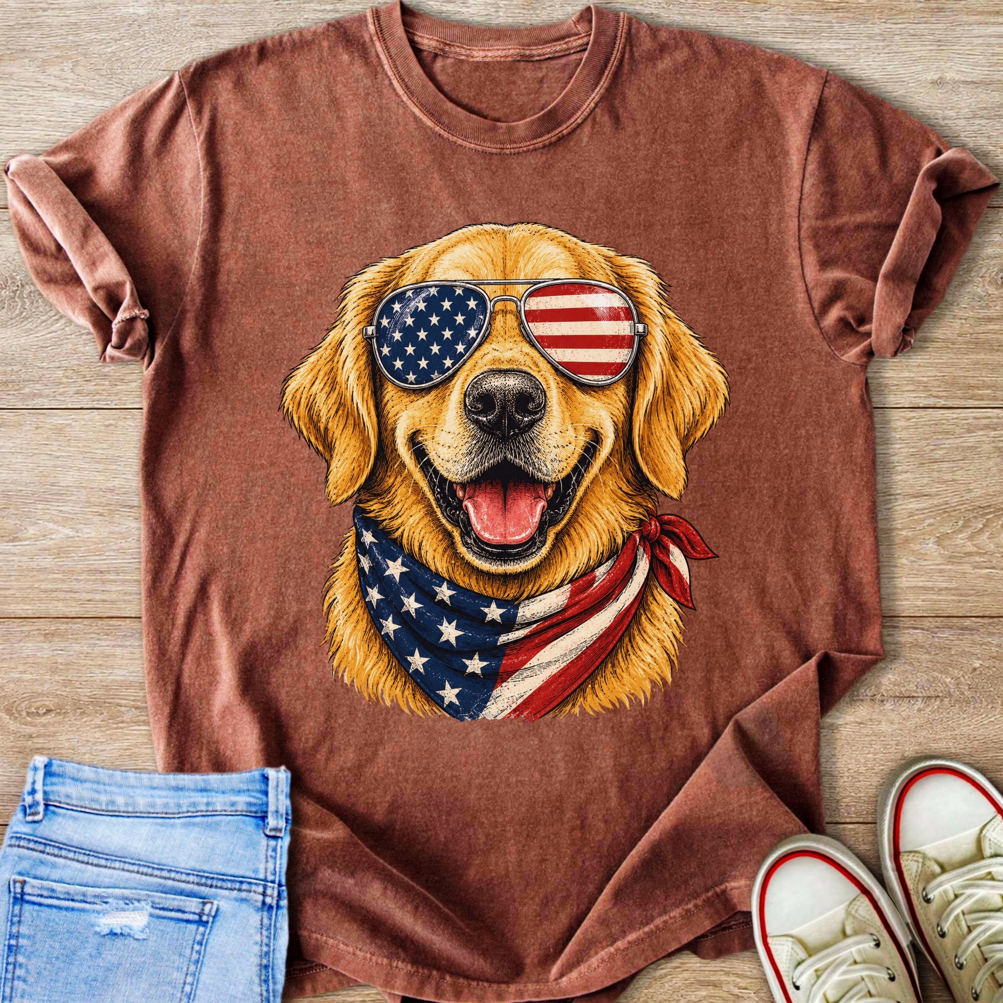 Golden retriever wearing American flag bandana and sunglasses, displayed on a brown t-shirt.