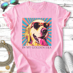 Golden Retriever wearing sunglasses, text "IN MY GOLDEN ERA".