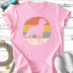 Pink t-shirt with silhouette of a dog in a vintage circle graphic.