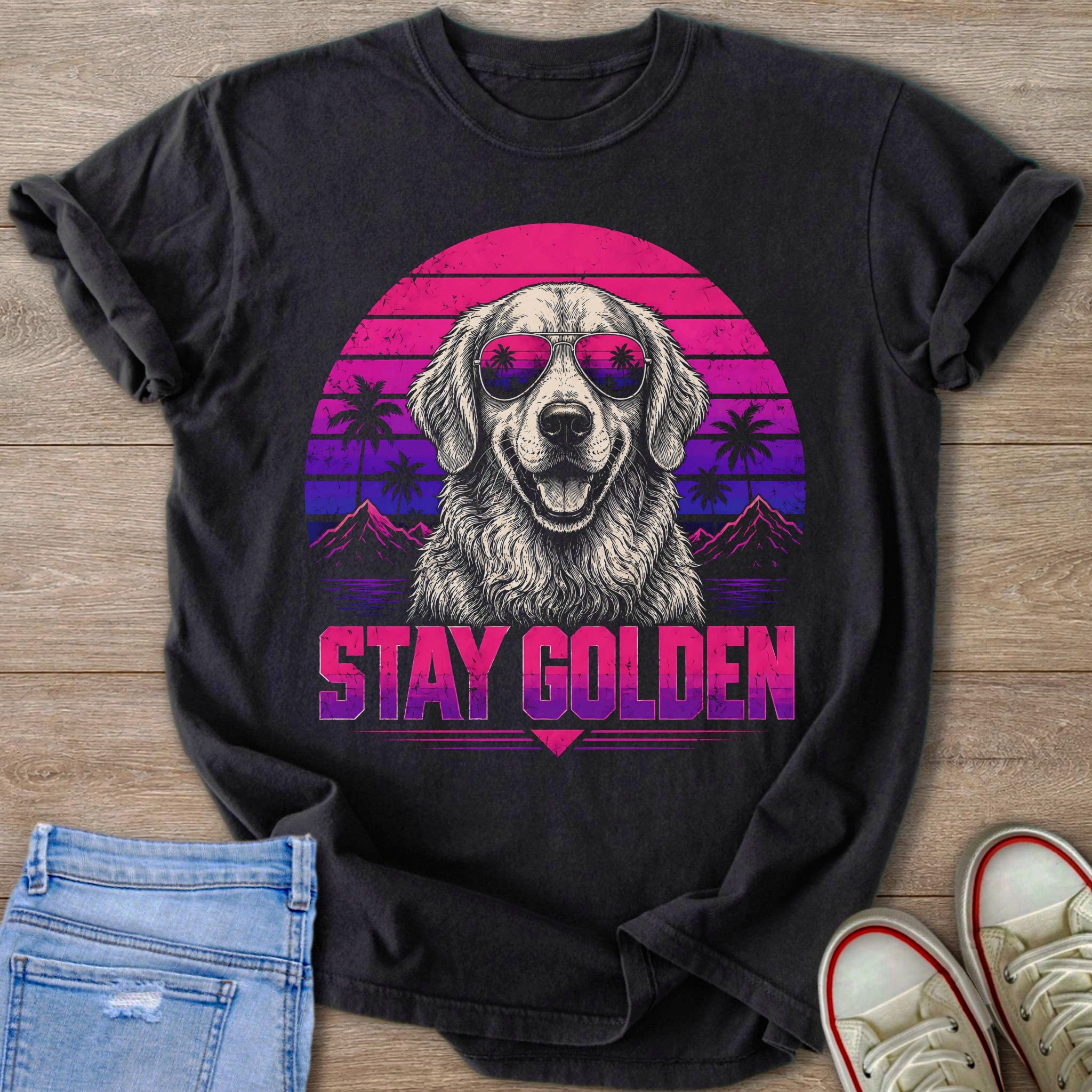 Black t-shirt with graphic of Golden Retriever wearing sunglasses and text "STAY GOLDEN".