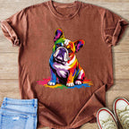 T-shirt featuring a colorful French bulldog graphic with paint splatters.