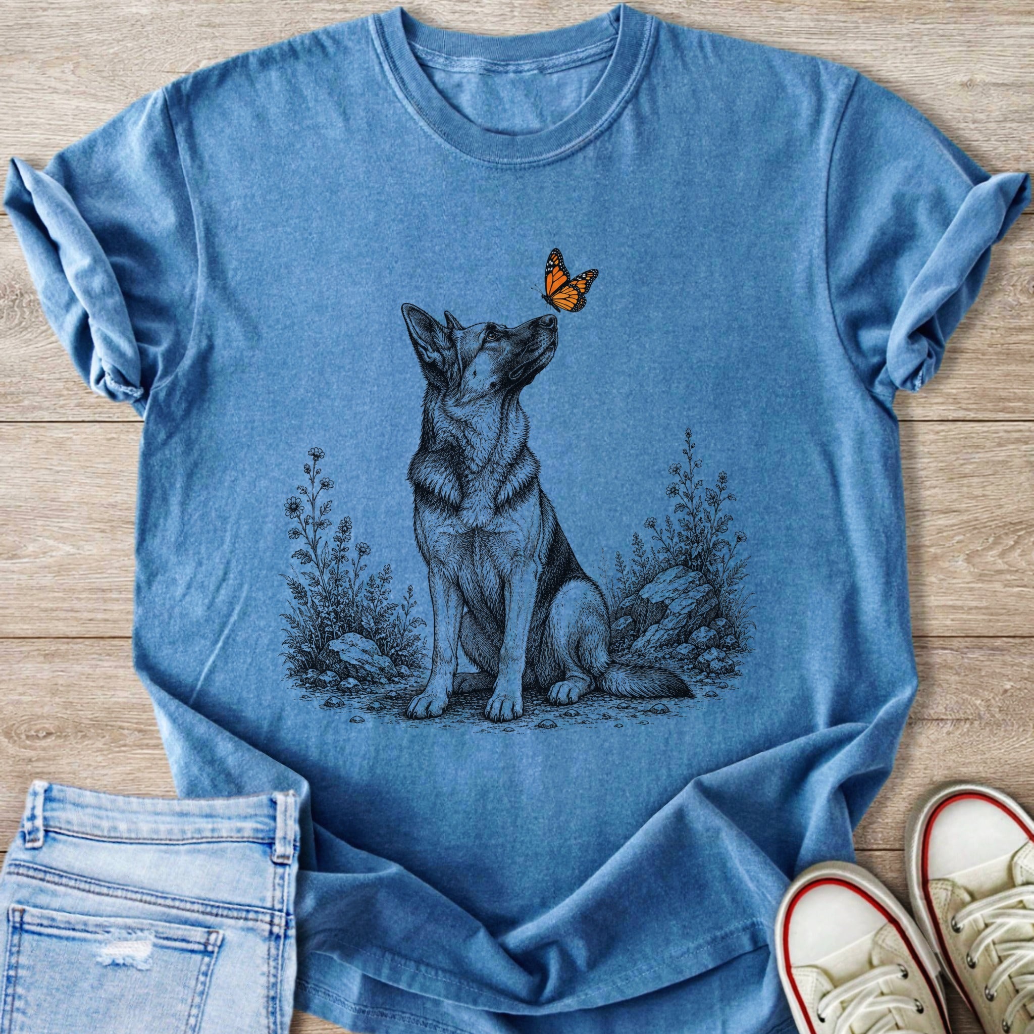 German Shepherd dog sitting outdoors with an orange butterfly near its nose.