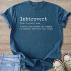Blue t-shirt with "Labtrovert" definition: prefers labrador retrievers over humans.