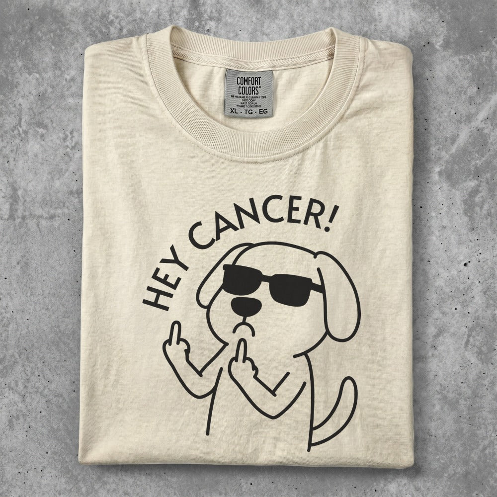T-shirt with a cartoon dog wearing sunglasses giving the middle finger.