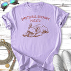 French bulldog on a lavender t-shirt with "Emotional Support Potato" text.